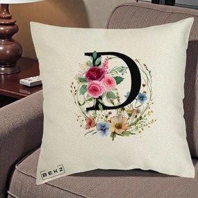 Cadou Personalizat - Perna Personalizata Monogram Litera D cu Flori Acuarela, 40x40 cm, Ecru, Husa Detasabila, Perna Inclusa, BEKZ®