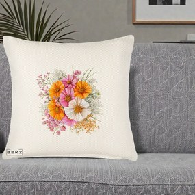 Perna Decorativa Buchet Cosmos Portocaliu Roz si Alb, 40x40 cm, Crem Reliefat, Husa Detasabila, Perna Inclusa, BEKZ®