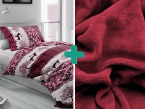 2x lenjerie de pat din microplus CHRISTMAS RENEER visiniu + cearceaf microplus SOFT 180x200 cm visiniu