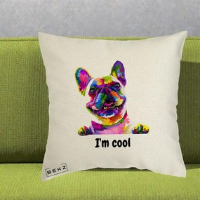 Perna Personalizata Bulldog Francez I'm Cool, 40x40 cm, Ecru, Husa Detasabila, Perna Inclusa, BEKZ®