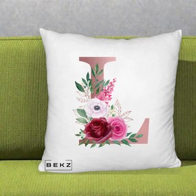 Cadou Personalizat - Perna Personalizata Monograma Rose Gold Litera L, 40x40 cm, Alb Pufos, Husa Detasabila, Perna Inclusa, BEKZ®