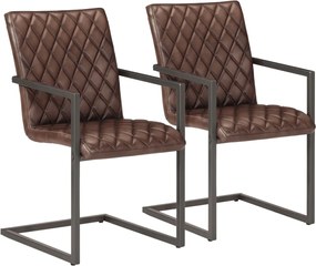 vidaXL Scaune de bucătărie cantilever, 2 buc., maro, piele naturală