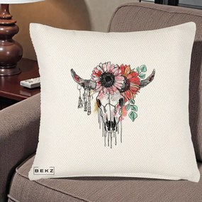 Perna Decorativa Craniu Boho Floral, 40x40 cm, Crem Reliefat, Husa Detasabila, Perna Inclusa, BEKZ®