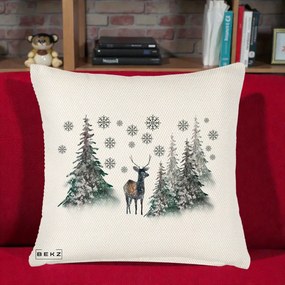 Perna Decorativa Ren in Padure Inzapezita, 40x40 cm, Crem Reliefat, Husa Detasabila, Perna Inclusa, BEKZ®