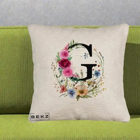 Cadou Personalizat - Perna Personalizata Monogram Litera G cu Flori Acuarela, 40x40 cm, Bej Canapea, Husa Detasabila, Perna Inclusa, BEKZ®