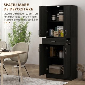 HOMCOM Dulap Bucătărie Înalt cu 4 Uși, Sertar Mare, Polițe Reglabile, 70,8 x 34 x 180 Cm, Negru | Aosom Romania