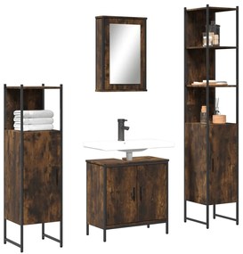 vidaXL Set mobilier de baie, 4 piese, stejar fumuriu, lemn prelucrat