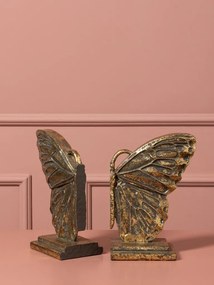 Set 2 suporturi pentru cărți din rășină, auriu, model aripi de fluture cu desen în relief și margine perlată, bază în trepte, finisaj patinat, 20,5 x