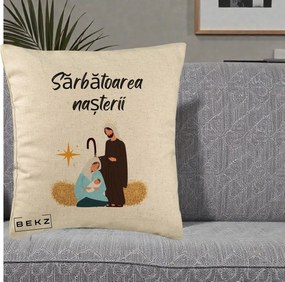 Perna Decorativa Nasterea Domnului Sfanta Familie Sarbatoarea Nasterii, 40x40 cm, Bej, Husa Detasabila, Perna Inclusa, BEKZ®