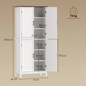 HOMCOM Bufet înalt bucătărie 6 nivele, dulap de bucătărie, 4 uși cu model chevron și 4 rafturi reglabile, 76x40x178,5cm, alb | Aosom Romania
