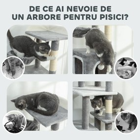 PawHut Arborele pentru Pisici cu Căsuțe, Rampe, Stinghie și 4 Mingi, Gri | Aosom Romania