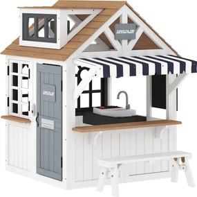 AIYAPLAY Căsuță pentru copii în aer liber din lemn, casă pentru copii în aer liber cu ușă pentru animale, ustensile de bucătărie, banc și sonerie, alb | Aosom Romania