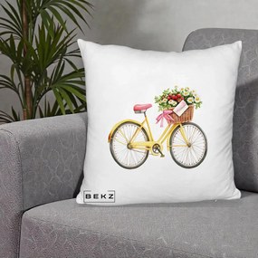 Perna Decorativa Bicicleta Galbena cu Cos de Flori Primavara, 40x40 cm, Alb Pufos, Husa Detasabila, Perna Inclusa, BEKZ®
