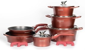 Set 14 piese oale și tigăi marmorate Royalty Line ES 2014M, antiaderente, cu capace și mânere detașabile, compatibile inducție, roșu burgundy