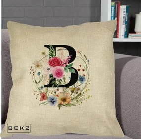 Cadou Personalizat - Perna Personalizata Monogram Litera B cu Flori Acuarela, 40x40 cm, Crem, Husa Detasabila, Perna Inclusa, BEKZ®