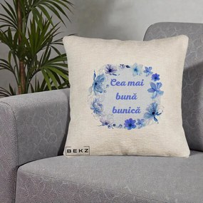 Cadou pentru Bunica - Perna Personalizata Cea Mai Buna Bunica Coronita Flori Albastre Acuarela, 40x40 cm, Bej Canapea, Husa Detasabila, Perna Inclusa, BEKZ®