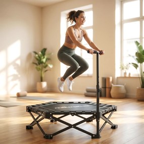 SPORTNOW Trambulină Fitness pentru Adulți Ø104 cm, Pliabilă, cu Sistem de Deschidere și Închidere dintr-o Singură Mișcare, Mâner Reglabil și 24 Corzi Elastice, Negru | Aosom Romania