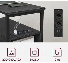 Masă laterală ROD, neagră, cu prize și porturi USB încorporate