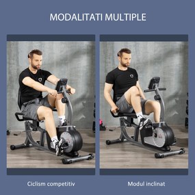 HOMCOM Bicicletă de Exerciții Înclinată Orizontală cu 8 Nivele de Rezistență, Monitor LCD și Scaun Reglabil, 122-137x62x103 cm, Gri | Aosom Romania