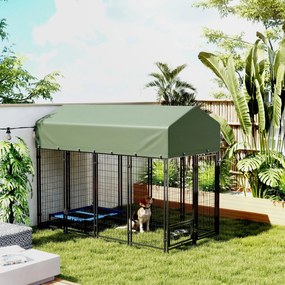 PawHut Țarc pentru Câini de Exterior din Oțel cu Acoperiș din Material Oxford, Anti-UV, Impermeabil, 2 Boluri, Verde | Aosom Romania