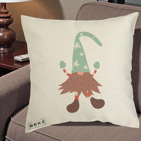 Perna Decorativa Pitic Gnom Nordic cu Cadou Menta, 40x40 cm, Ecru, Husa Detasabila, Perna Inclusa, BEKZ®