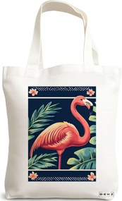 Sacosa de Panza pentru Cumparaturi, Geanta Tote, model Flamingo Paint 38 x 34.5 cm, Alba, BEKZ®
