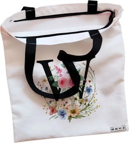 Sacosa de Panza pentru Cumparaturi, Geanta Tote, Cu litera W in Coronita Florala, Cu fermoar, 38x34.5 cm, Alba, BEKZ®
