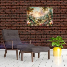 Tablou pe sticlă - Păuni în grădină (70x50 cm)