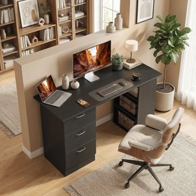 HOMCOM Birou de Calculator Modern, Masa de Lucru cu 3 Sertare și Raft pentru Depozitare, Design Elegant, Negru | Aosom Romania