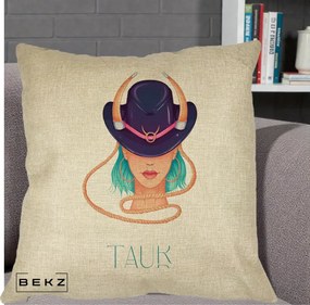 Perna Personalizata Zodie Taur, 40x40 cm, Crem, Husa Detasabila, Perna Inclusa, BEKZ®