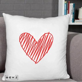 Perna Decorativa Inima Rosie Desen Manual, 40x40 cm, Alb Pufos, Husa Detasabila, Perna Inclusa, BEKZ®