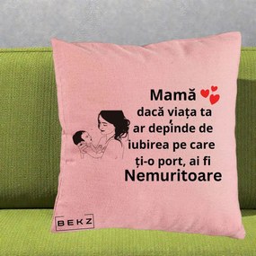 Cadou pentru Mama - Perna Personalizata Mama Nemuritoare Imbratisare Copil, 40x40 cm, Roz, Husa Detasabila, Perna Inclusa, BEKZ®