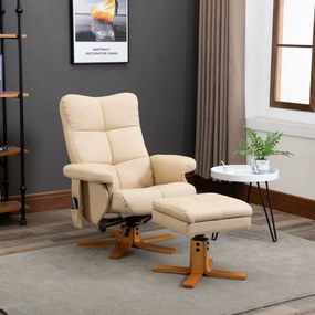 HOMCOM Massagesessel cu Hocker, Scaun de relaxare electric rotativ la 360° cu funcție de întindere și spațiu de depozitare, scaun TV cu buzunar lateral și telecomandă pentru sufragerie, piele ecologică, Crem | Aosom Romania