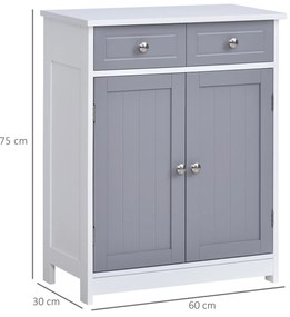 kleankin Mobilier de baie pe picior, dulap de baie 2 uși 2 sertare 60 x 30 x 75 cm gri și alb | Aosom Romania