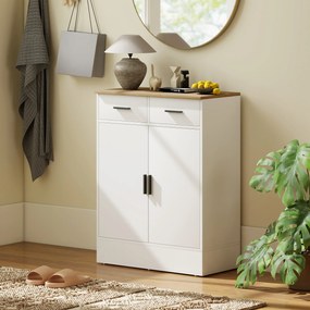 HOMCOM Bufet, mobilier de depozitare cu 2 uși, 2 sertare și raft reglabil, 68,6 x 35 x 90,3 cm, lemn natural și alb | Aosom Romania