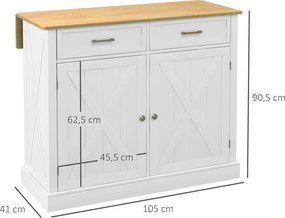 HOMCOM Insulă de bucătărie Cărucior de bucătărie cu blat pliabil din lemn 2 uși 2 sertare raft reglabil și 4 roți 105x60x90,5 cm Alb | Aosom Romania