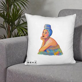 Perna Decorativa Portret Femeie Contemplativa, 40x40 cm, Alb Pufos, Husa Detasabila, Perna Inclusa, BEKZ®
