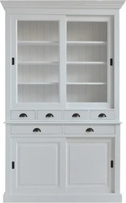 Bufet vitrină din lemn masiv de pin, alb, cu 4 uși glisante, 2 vitrate, 3 rafturi și 6 sertare, finisaj vopsit, 225 x 139 x 50 cm, „Classic”