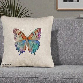 Perna Decorativa Fluture Acuarela Multicolor Portocaliu-Bleu-Mov, 40x40 cm, Bej Canapea, Husa Detasabila, Perna Inclusa, BEKZ®