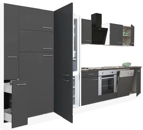 Mobilă de bucătărie Yorki 370, corp alb, față antracit satinat, element cuptor inferior, dulap cu rafturi și frigider congelator inferior