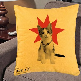 Perna Decorativa Pisica Star Pop Art, 40x40 cm, Galben, Husa Detasabila, Perna Inclusa, BEKZ®