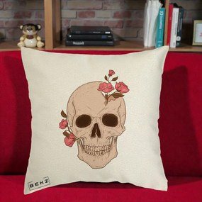 Perna Decorativa Craniu Floral Gothic, 40x40 cm, Ecru, Husa Detasabila, Perna Inclusa, BEKZ®