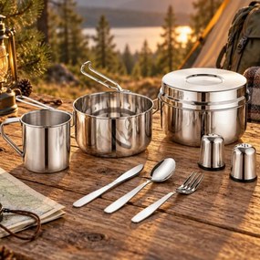 Set de tacamuri si vase pentru camping Kinghoff KH 2060, 9 piese, Otel inoxidabil, Argintiu