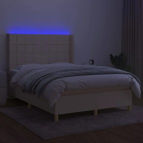 Pat cu arcuri, saltea si LED, crem, 140x200 cm, textil Crem, 140 x 200 cm, Cu blocuri patrate