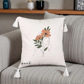 Perna Decorativa Portret Feminin Doua Maci Terracotta, 40x40 cm, Bej cu Franjuri, Husa Detasabila, Perna Inclusa, BEKZ®