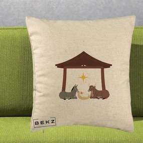 Perna Decorativa Ieslea din Betleem cu Iesle Asin si Bou, 40x40 cm, Bej, Husa Detasabila, Perna Inclusa, BEKZ®