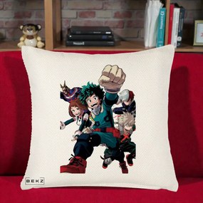 Perna Personalizata My Hero Academia Izuku Deku si Echipa, 40x40 cm, Crem Reliefat, Husa Detasabila, Perna Inclusa, BEKZ®