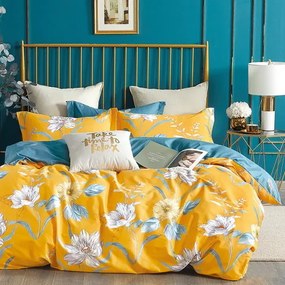 Lenjerie de pat din bumbac galben, cu motiv floral 3 părți: 1buc 160 cmx200 + 2buc 70 cmx80
