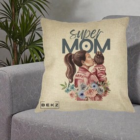 Cadou pentru Mama - Perna Personalizata Super Mom Mama cu Bebelusul, 40x40 cm, Crem, Husa Detasabila, Perna Inclusa, BEKZ®