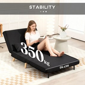 HOMCOM Fotoliu Pat Individual 3 în 1 cu Spătar Reglabil pe 6 Nivele și Pernă, Canapea Pat Pliant, 94x78x80 cm, Negru | Aosom Romania